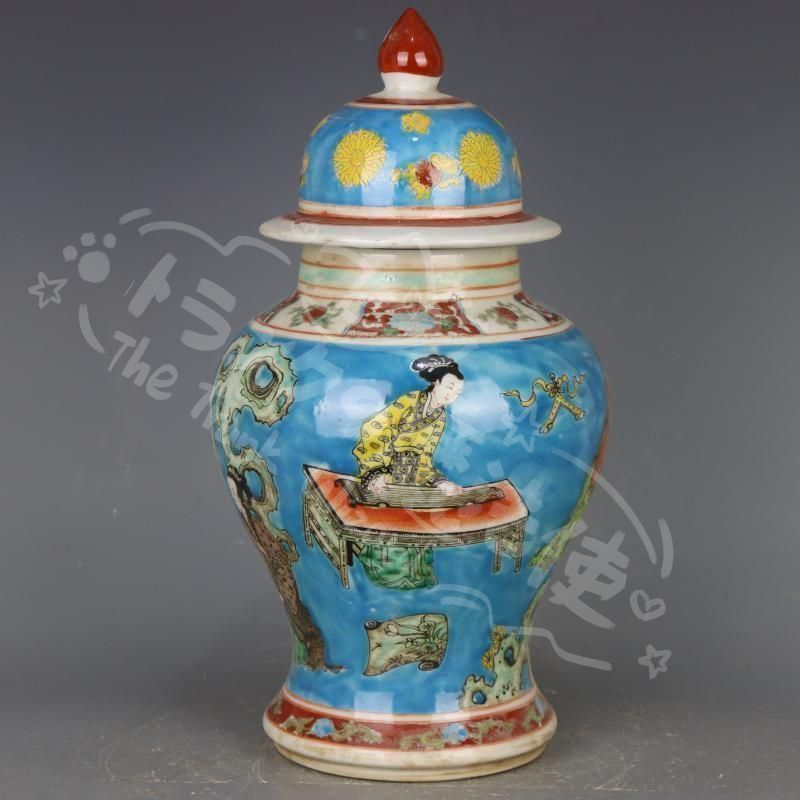 新年ギフト康熙藍地パステル人物将軍缶 景徳鎮 陶磁器 装飾品 現代 置物