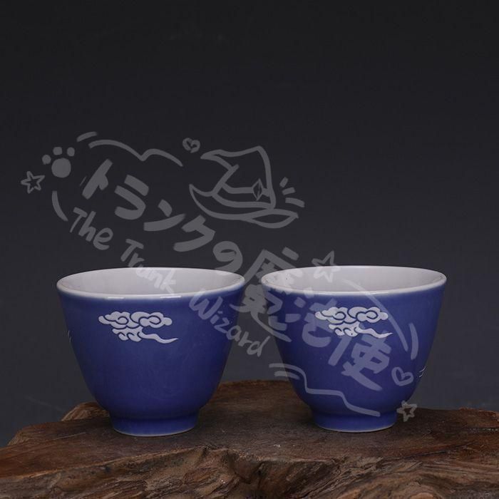 新年ギフト藍釉堆白鶴紋二壺杯 中国美術2つ 湯呑 茶器 工芸品 美術品