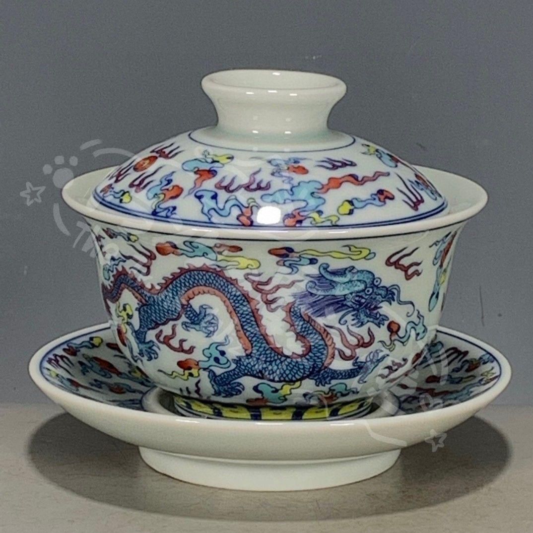 新年ギフト大明成化斗彩釉下彩三才蓋碗大湯飲 景徳鎮 陶磁器 現代 置物