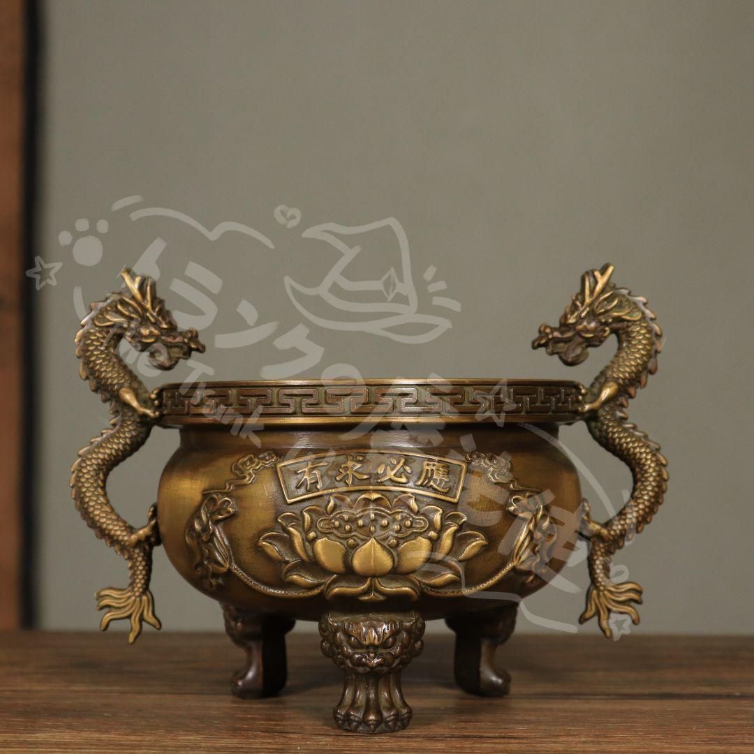 新年ギフト銅器 香炉 双龍耳蓮華香炉 三足鼎 仏堂挿香香炉 双龍炉 装飾品 置物