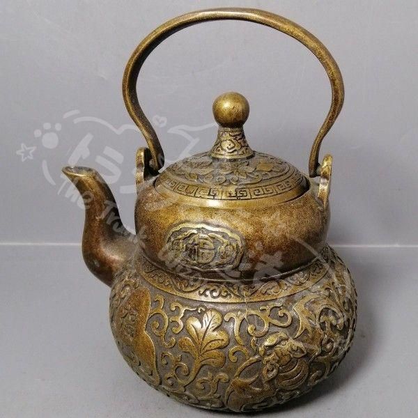 新年ギフト銅 細工 茶道具 浮彫り 福禄茶壺 提梁銅壺 水徳利 置物