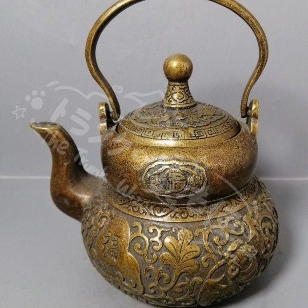 新年ギフト銅 細工 茶道具 浮彫り 福禄茶壺 提梁銅壺 水徳利 工芸品