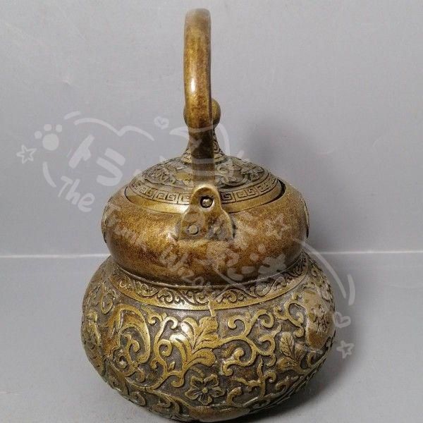 新年ギフト銅 細工 茶道具 浮彫り 福禄茶壺 提梁銅壺 水徳利 工芸品