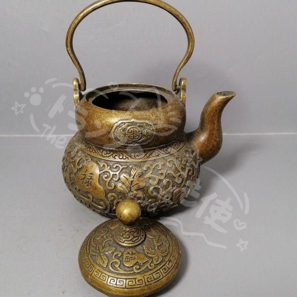 新年ギフト銅 細工 茶道具 浮彫り 福禄茶壺 提梁銅壺 水徳利 工芸品