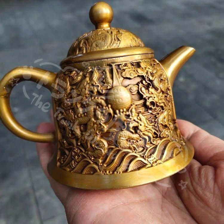 新年ギフト浮彫 竜紋茶壺 酒壺 銅壺 茶道 工芸品 美術品 置物