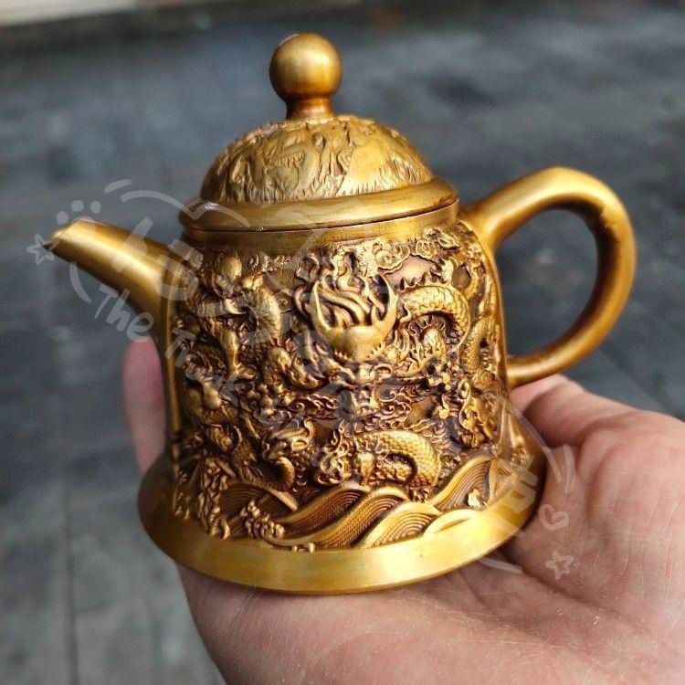 銅製 浮彫 万寿茶壺 観賞壺 茶道具 香道具 装飾品 工芸品 美術品 新年ギフト浮彫 竜紋茶壺 酒壺 銅壺 茶道 工芸品 美術品 置物