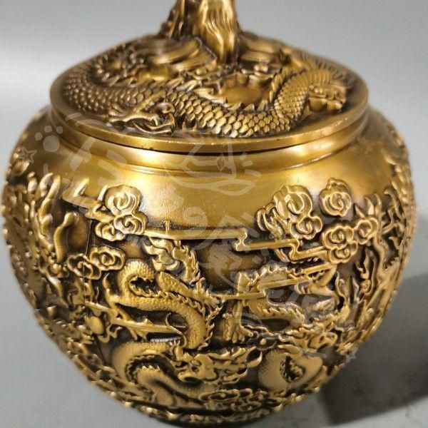 新年ギフト銅 細工 茶道具 浮彫り竜行天下茶筒 蓋置 置物