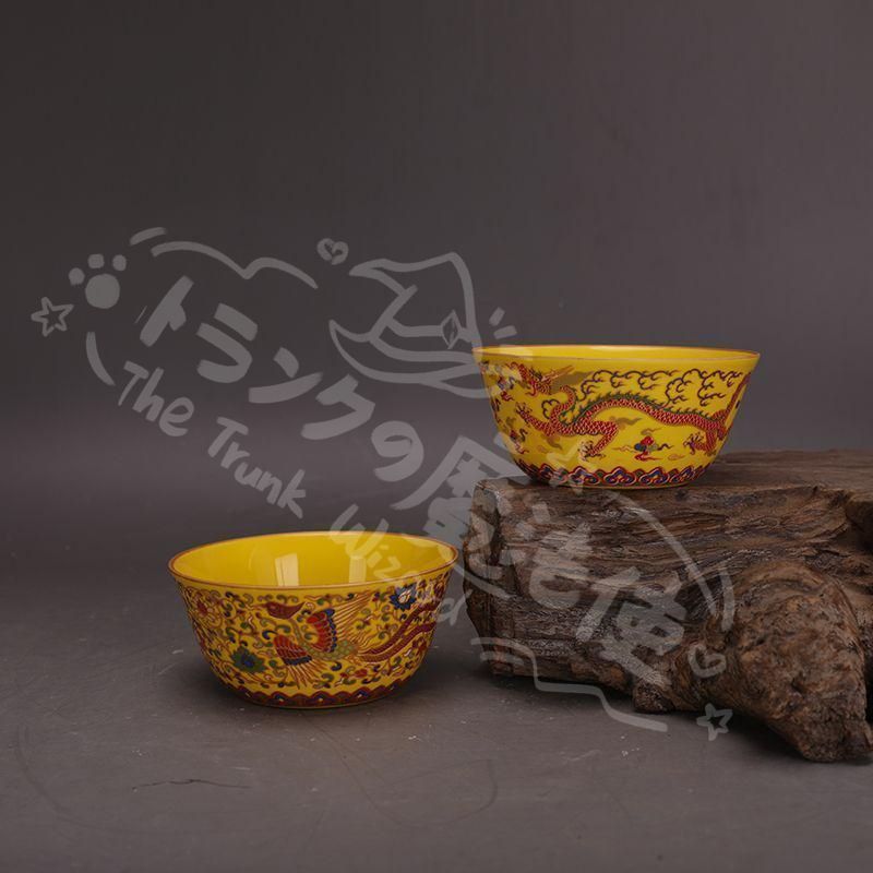 新年ギフト明代黄釉琺瑯彩龍鳳蒔金湯呑み茶杯 2つ 中国美術 現代 置物