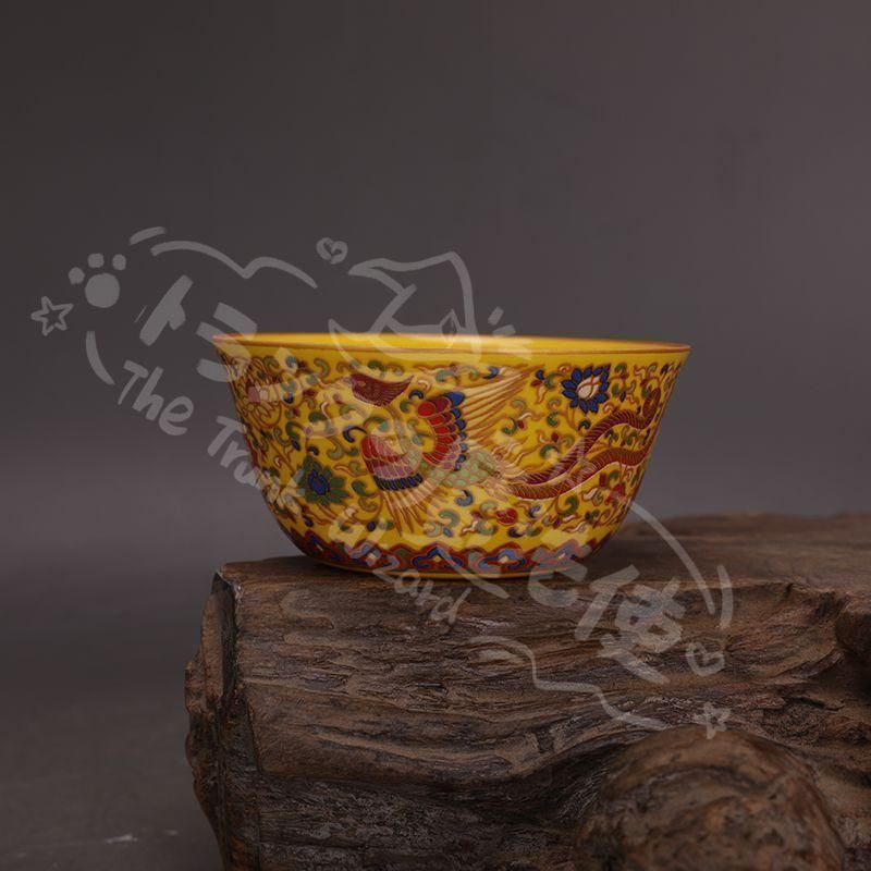 新年ギフト明代黄釉琺瑯彩龍鳳蒔金湯呑み茶杯 2つ 中国美術 現代 置物