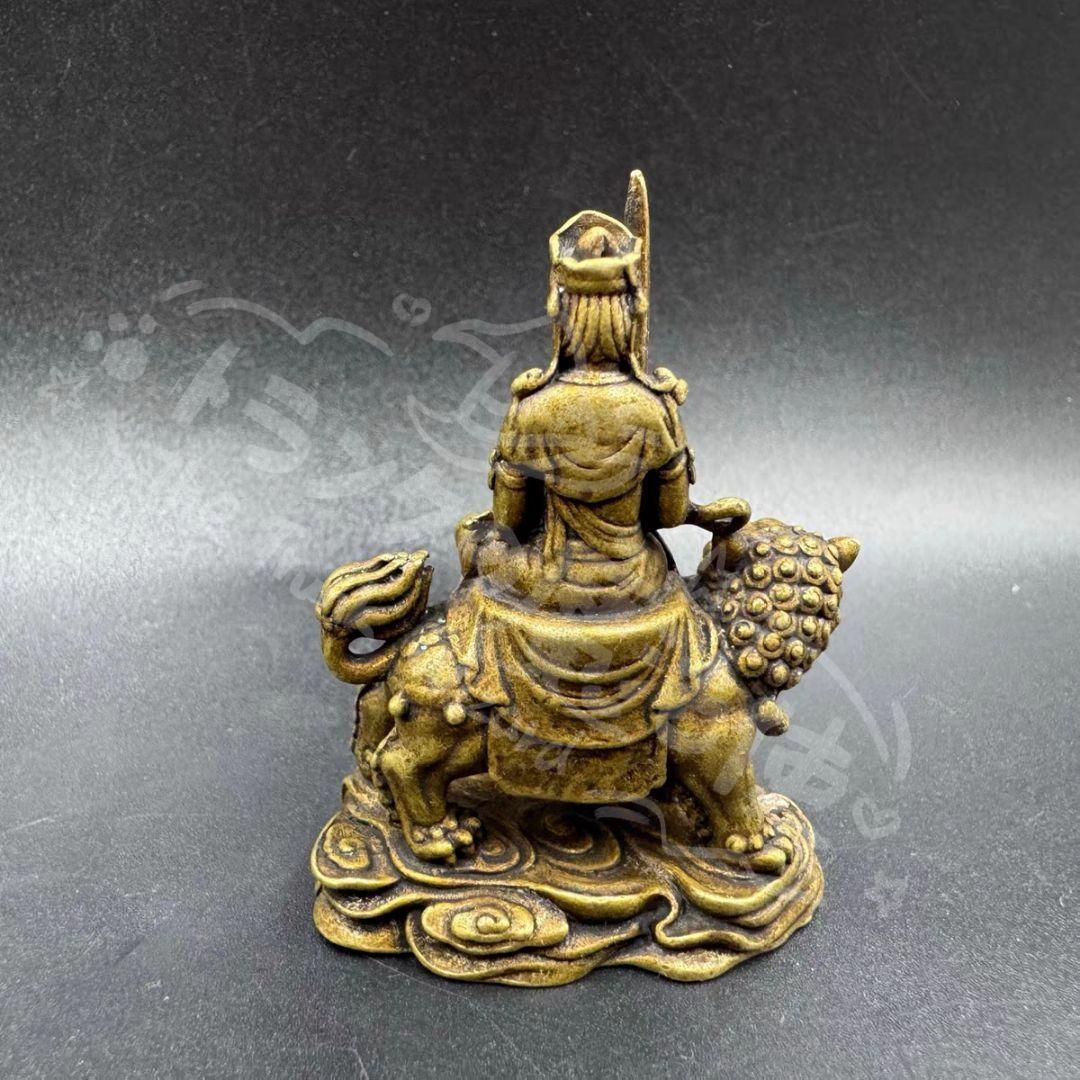 J0008 青銅色 獅子の彫刻 置物 新年ギフト銅細工 青獅子文殊菩薩坐像 装飾品 工芸品 美術品 置物