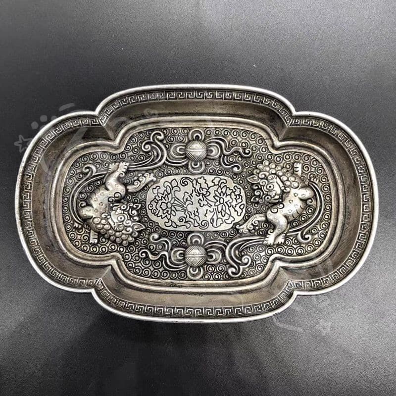 新年ギフト銅 細工 四方獅子銅盤 託敷 茶道具 装飾品 工芸品 置物