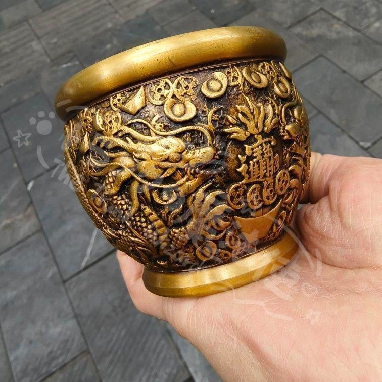 新年ギフト双竜 宝銅 かめを奪います 宝鉢 装飾品 現代工芸品美術品