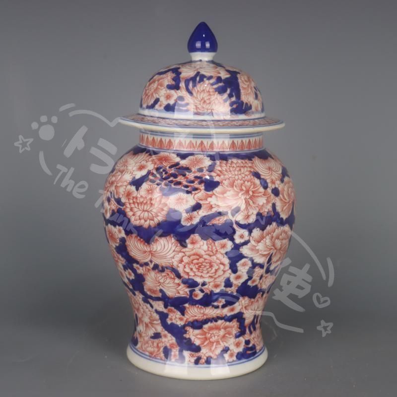 新年ギフト青釉裏紅万紋将軍壺 景徳鎮 陶磁器 装飾品 現代工芸品 美術