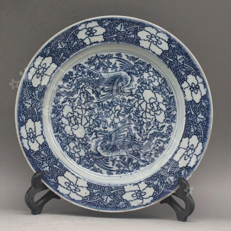 新年ギフト清乾隆青花双鳳紋磁器皿 景徳鎮 陶磁器 装飾品 現代工芸品