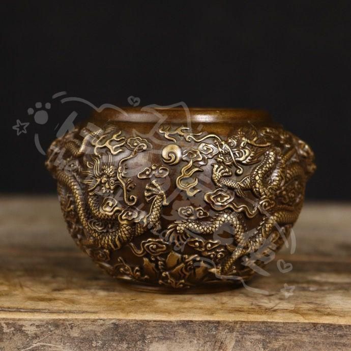 新年ギフト九龍缶 お茶の缶 竜のかめ 銅 細工 装飾品 現代工芸品美術品
