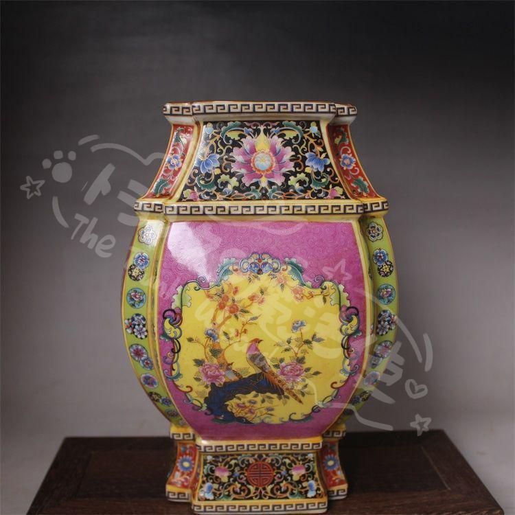 新年ギフト大清雍正琺瑯彩四方花鳥尊瓶 景徳鎮 陶磁器 装飾品 現代工芸