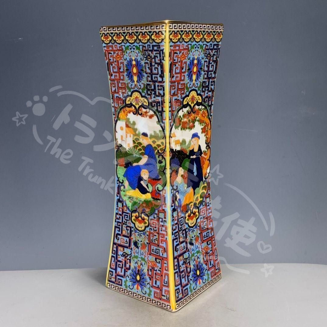 新年ギフトパステル蒔絵人物四角い花瓶 景徳鎮 陶磁器 装飾品 置物