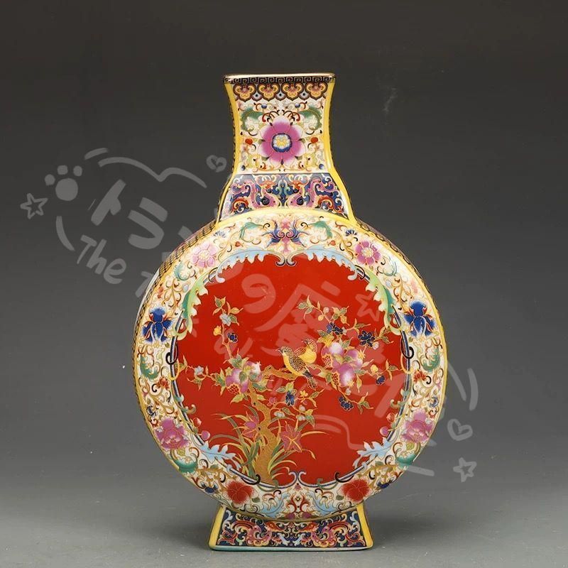 新年ギフト大清乾隆 琺瑯彩花鳥紋扁瓶 観賞瓶 景徳鎮 陶磁器 現代工芸