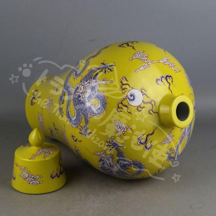 新年ギフト大清康煕黄地粉彩五龍紋梅瓶花瓶 景徳鎮 陶磁器 装飾品 現代