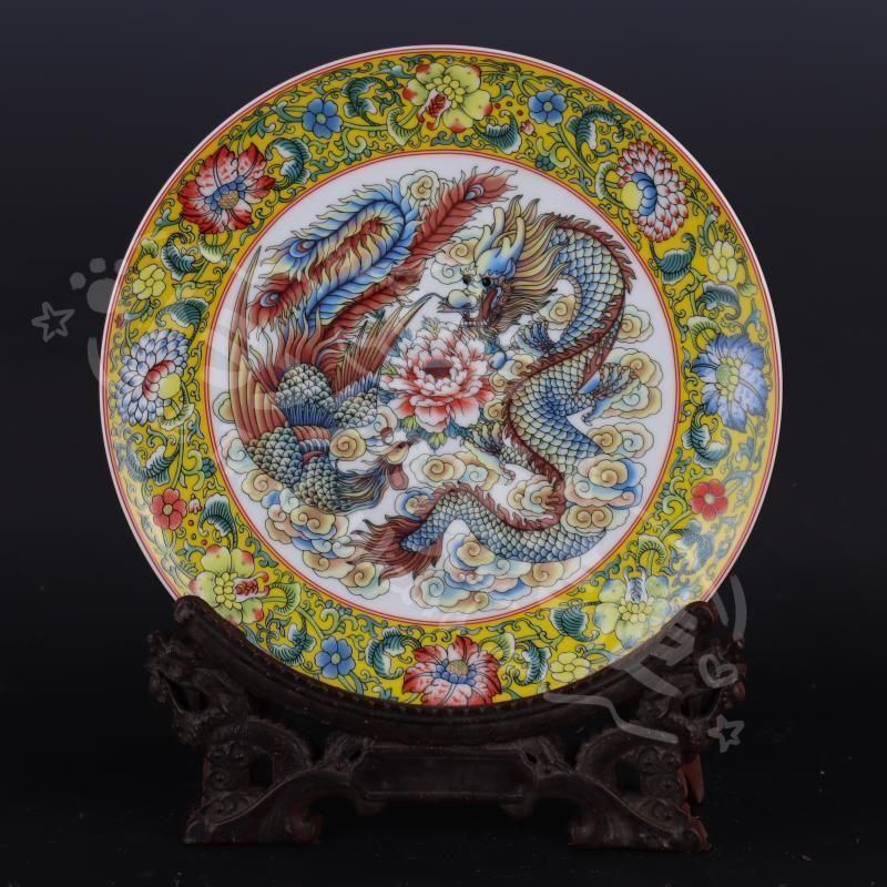 新年ギフト清乾隆粉彩龍鳳紋平盤賞 景徳鎮 陶磁器 装飾品 現代工芸品
