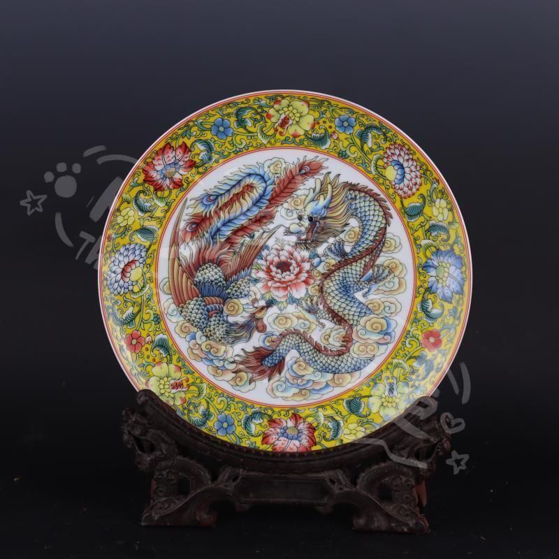 新年ギフト清乾隆粉彩龍鳳紋平盤賞 景徳鎮 陶磁器 装飾品 現代工芸品