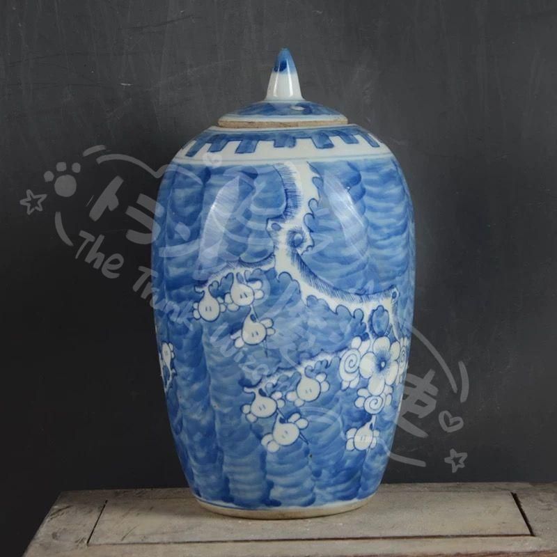 新年ギフト清末藍底氷梅冬瓜壇 賞物観賞瓶 景徳鎮 陶磁器 装飾品 現代 置物