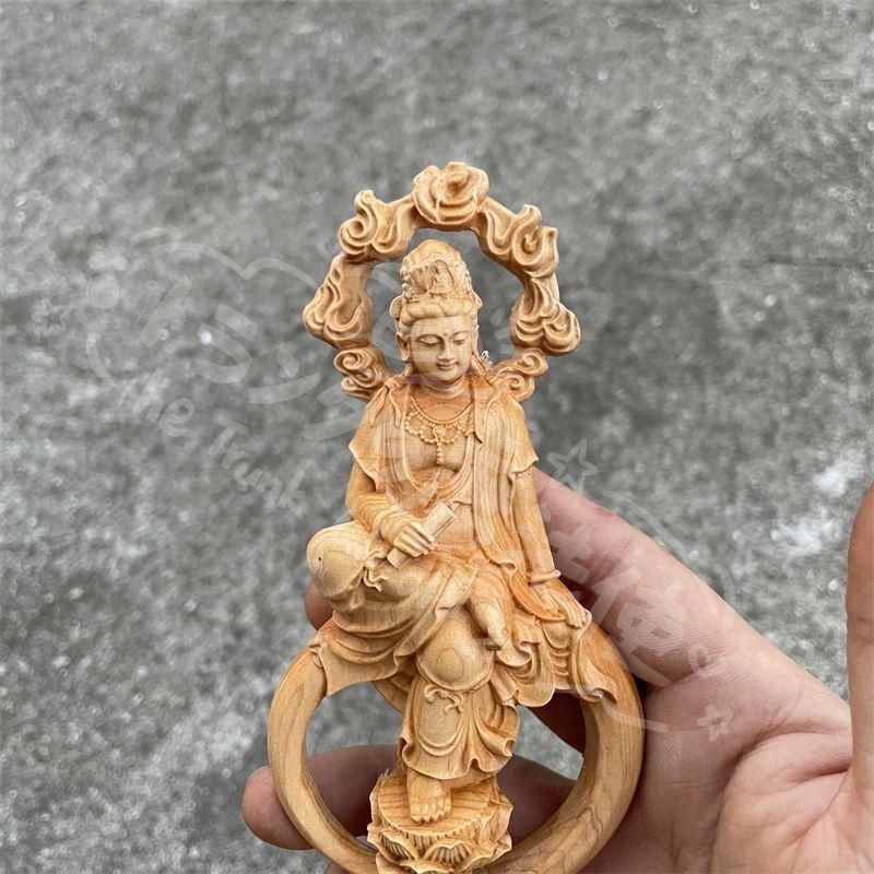 新年ギフト新品 置物 開運 仏像 高級天然木彫り 持経自在観音 風水