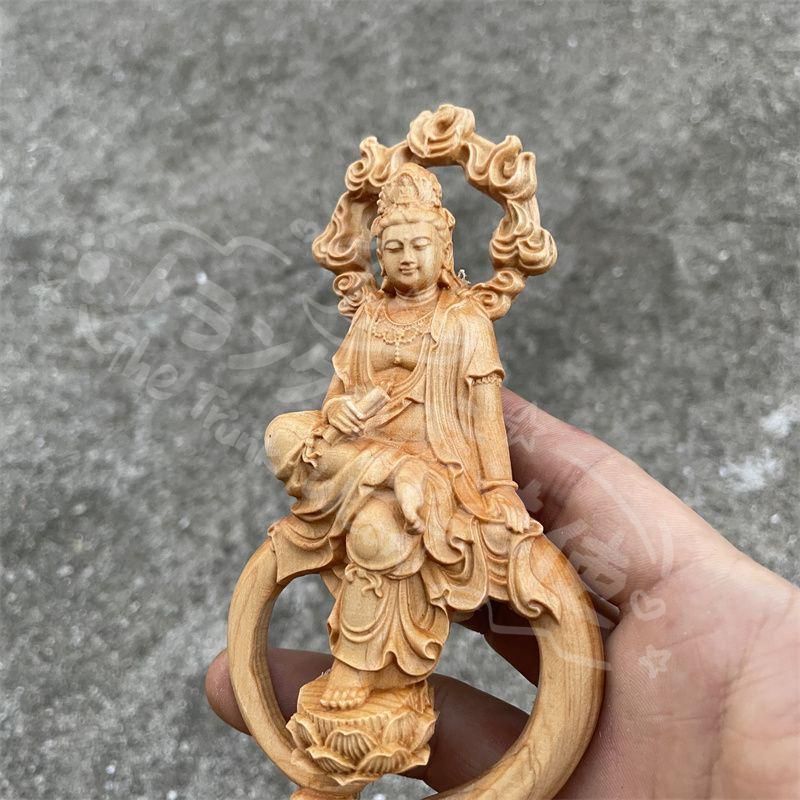 新年ギフト新品 置物 開運 仏像 高級天然木彫り 持経自在観音 風水