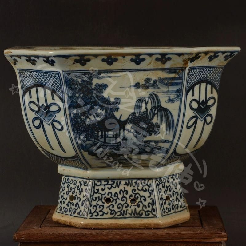 新年ギフト青花開窓庭楼四方高脚鉢 景徳鎮 陶磁器 装飾品 現代 置物