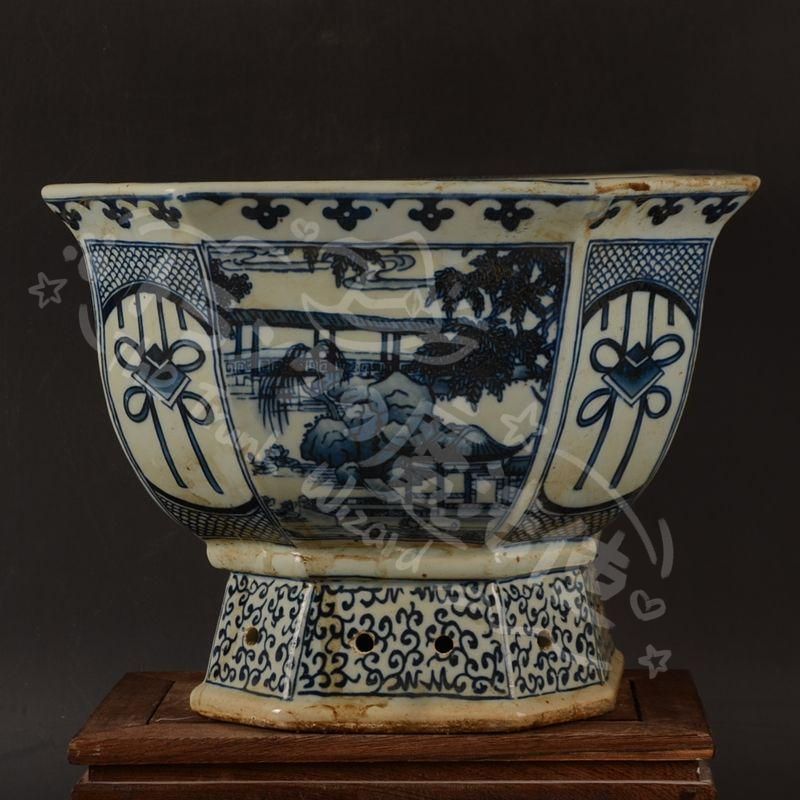 新年ギフト青花開窓庭楼四方高脚鉢 景徳鎮 陶磁器 装飾品 現代 置物