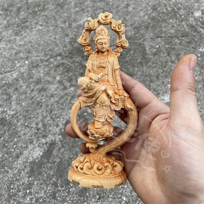 新年ギフト新品 置物 開運 仏像 高級天然木彫り 持経自在観音 風水