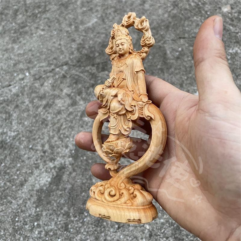新年ギフト新品 置物 開運 仏像 高級天然木彫り 持経自在観音 風水