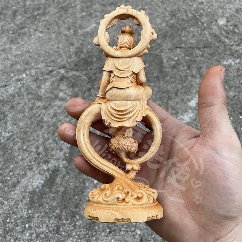 新年ギフト新品 置物 開運 仏像 高級天然木彫り 持経自在観音 風水