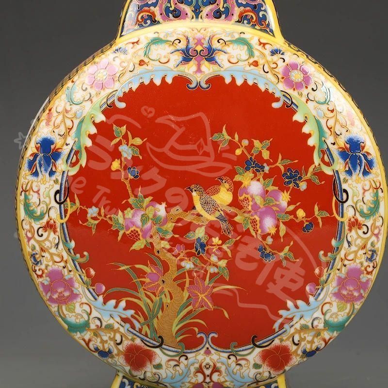 新年ギフト大清乾隆 琺瑯彩花鳥紋扁瓶 観賞瓶 景徳鎮 陶磁器 現代工芸