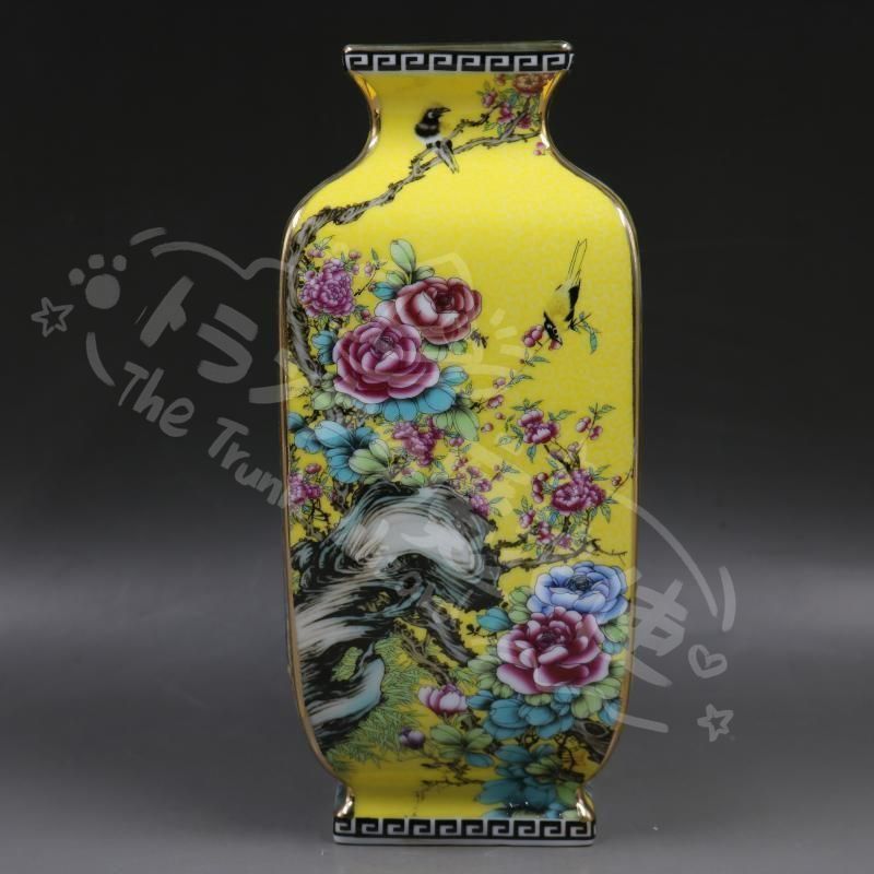 新年ギフト清乾隆黄地琺瑯彩花鳥四方花瓶 景徳鎮 陶磁器 装飾品 現代