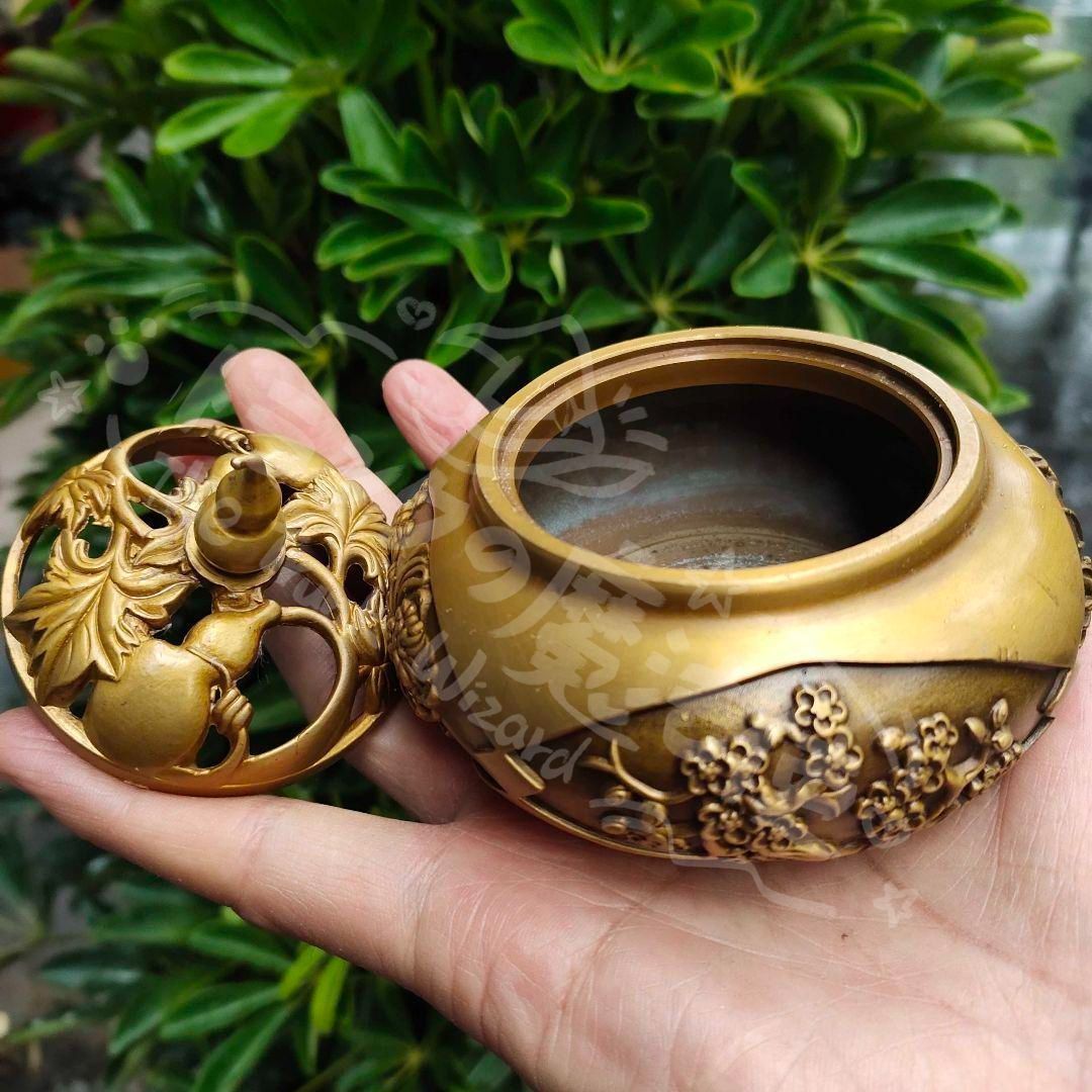 新年ギフト銅 細工 四季花瓢?蓋香炉 銅製 茶道具 香道具 工芸品 美術品