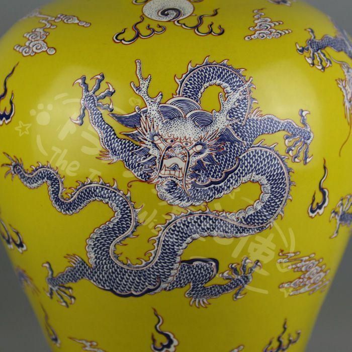 新年ギフト大清康煕黄地粉彩五龍紋梅瓶花瓶 景徳鎮 陶磁器 装飾品 現代