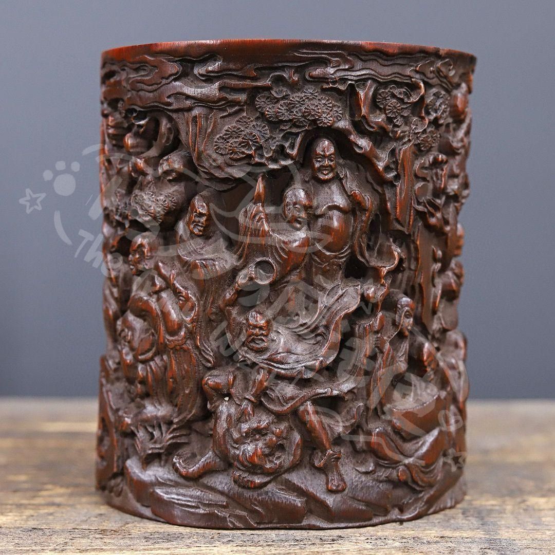 新年ギフト竹 細工 彫刻 十八羅漢筆筒 書道具 文房具 工芸品 置物