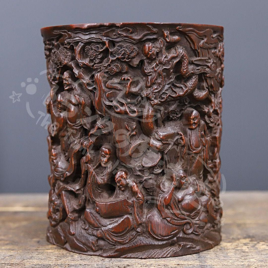 新年ギフト竹 細工 彫刻 十八羅漢筆筒 書道具 文房具 工芸品 置物