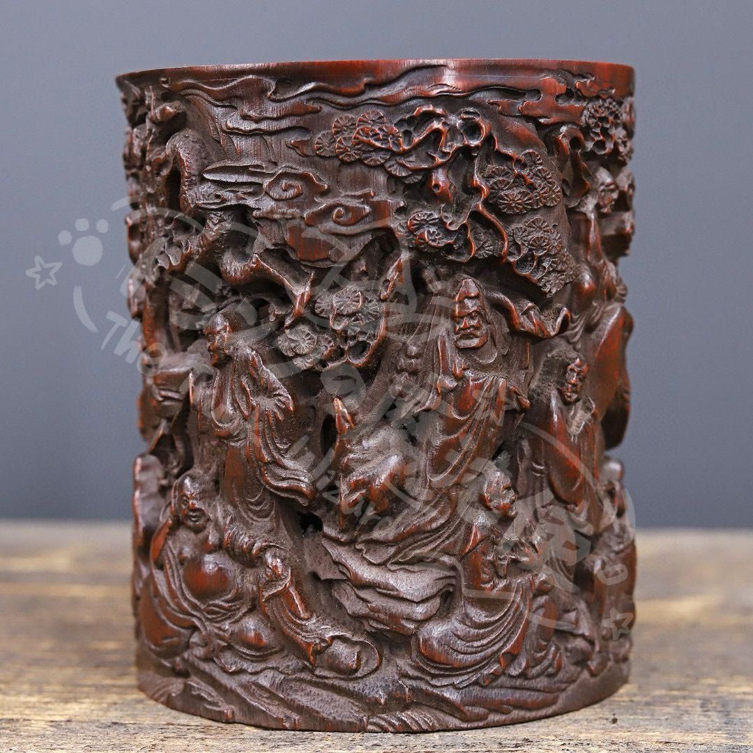 新年ギフト竹 細工 彫刻 十八羅漢筆筒 書道具 安い 文房具 工芸品 置物