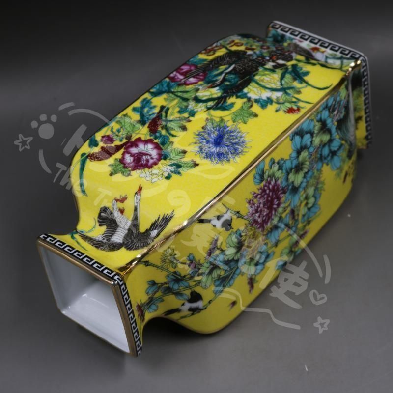 新年ギフト清乾隆黄地琺瑯彩花鳥四方花瓶 景徳鎮 陶磁器 装飾品 現代