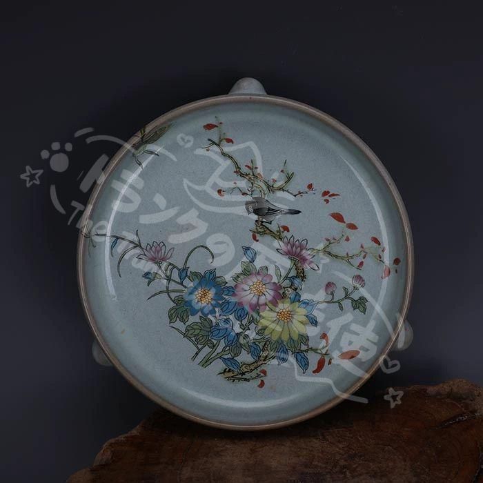 新年ギフト宋代汝窯天青釉加彩花鳥文三足洗 景徳鎮 陶磁器 装飾品 現代