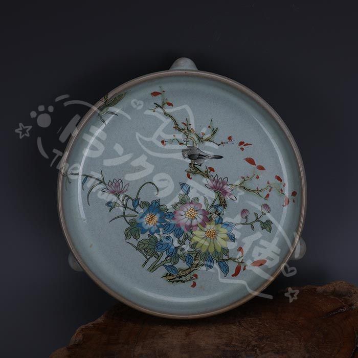 新年ギフト宋代汝窯天青釉加彩花鳥文三足洗 景徳鎮 陶磁器 装飾品 現代