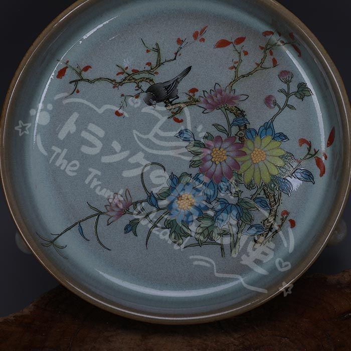新年ギフト宋代汝窯天青釉加彩花鳥文三足洗 景徳鎮 陶磁器 装飾品 現代