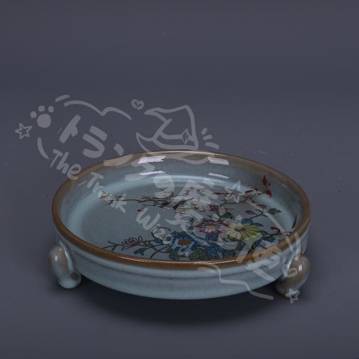 新年ギフト宋代汝窯天青釉加彩花鳥文三足洗 景徳鎮 陶磁器 装飾品 現代