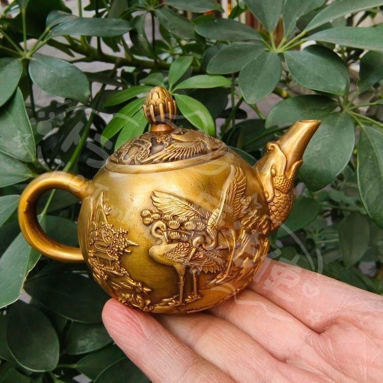 新年ギフト銅器 細工 魚嘴鶴茶壺 徳利 茶道具 現代工芸品 美術品 置物