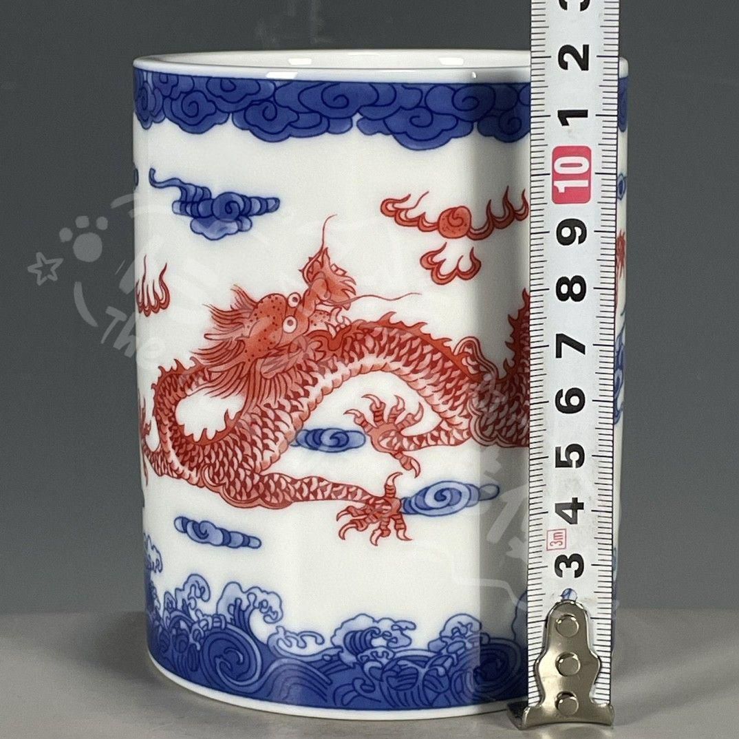 新年ギフト青花釉裏に紅龍紋の筆箱 書道具 文房具 工芸品 美術品 置物