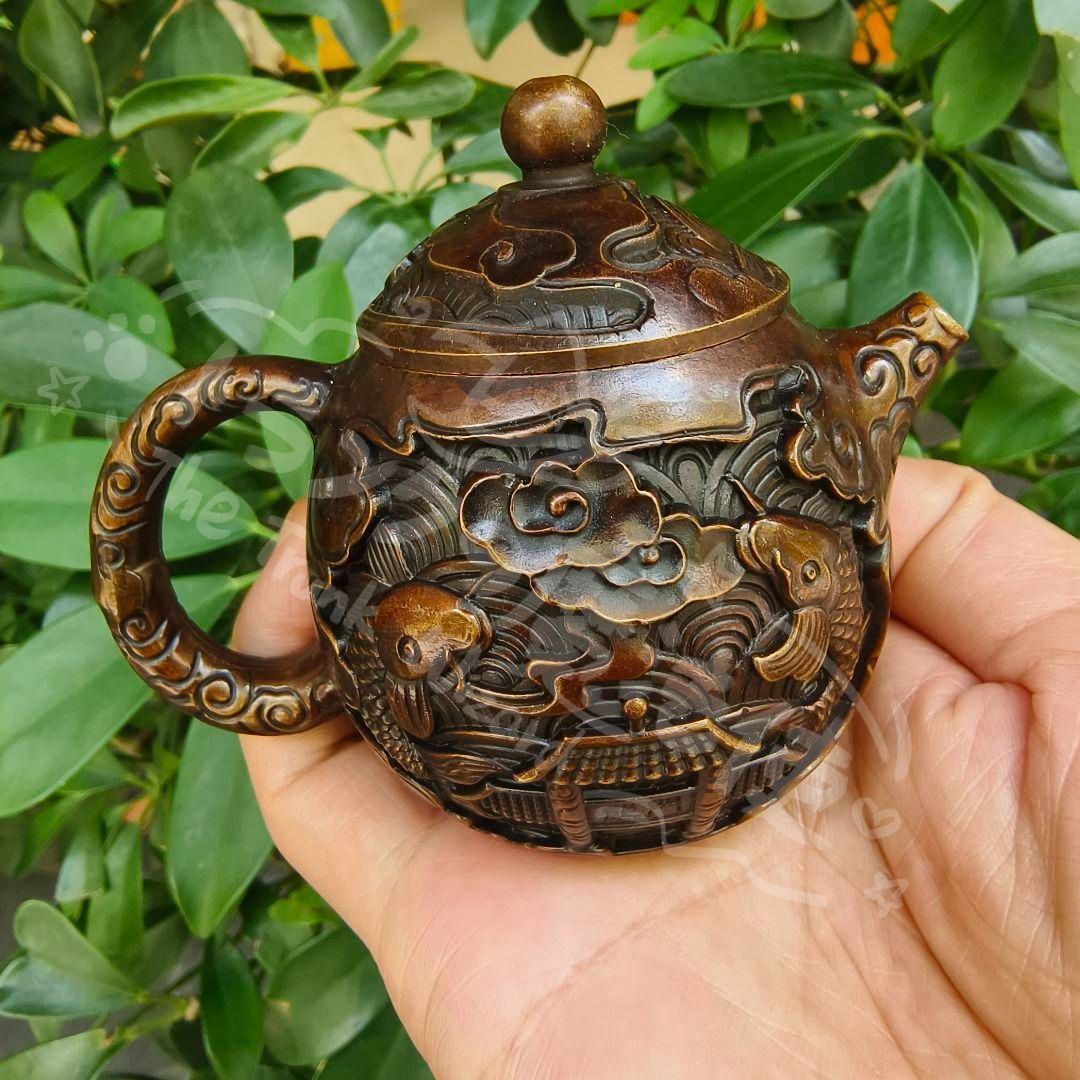新年ギフト浮彫鯉躍龍門茶壺 酒壺 家庭茶道 工芸品 置物 銅製品