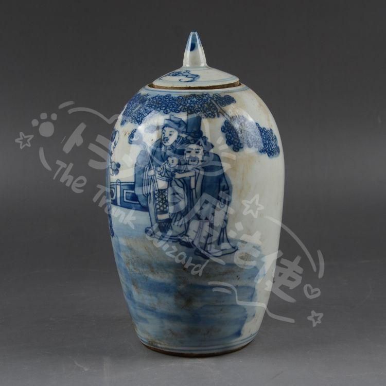 新年ギフト中国美術 青花三星冬瓜蓋缶 置物