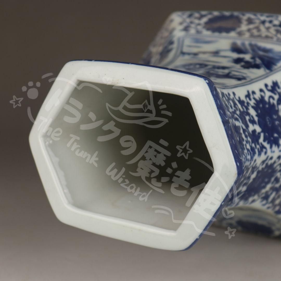 新年ギフト中国美術 青花山水花鳥紋六方扁瓶 景徳鎮 陶磁器 装飾品